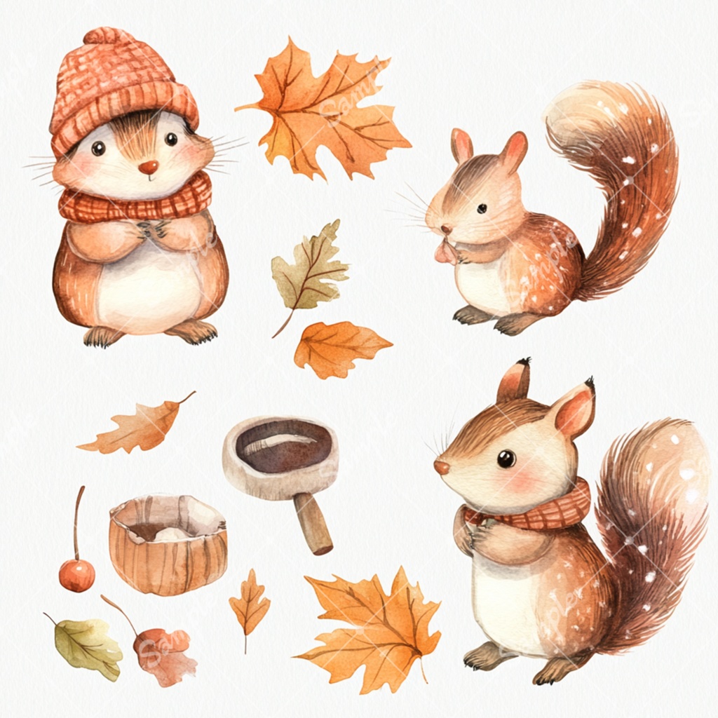 秋の水彩風イラスト素材セット
