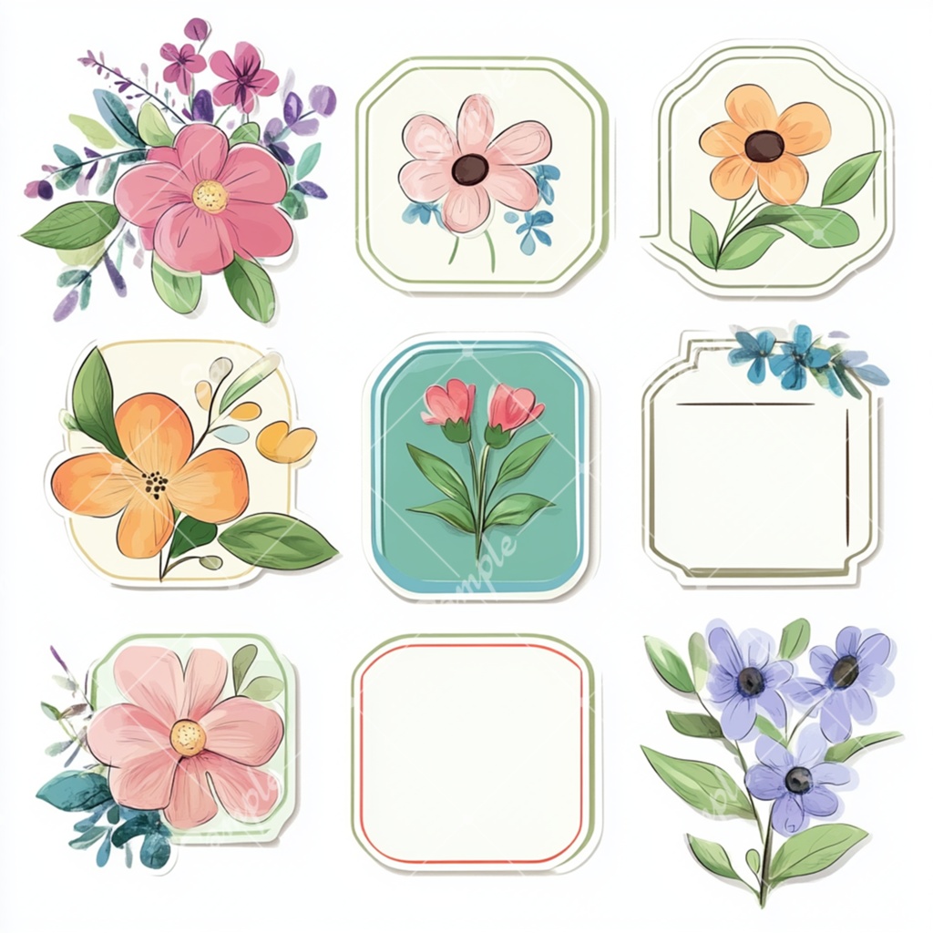 花のラベル風 イラスト素材セット