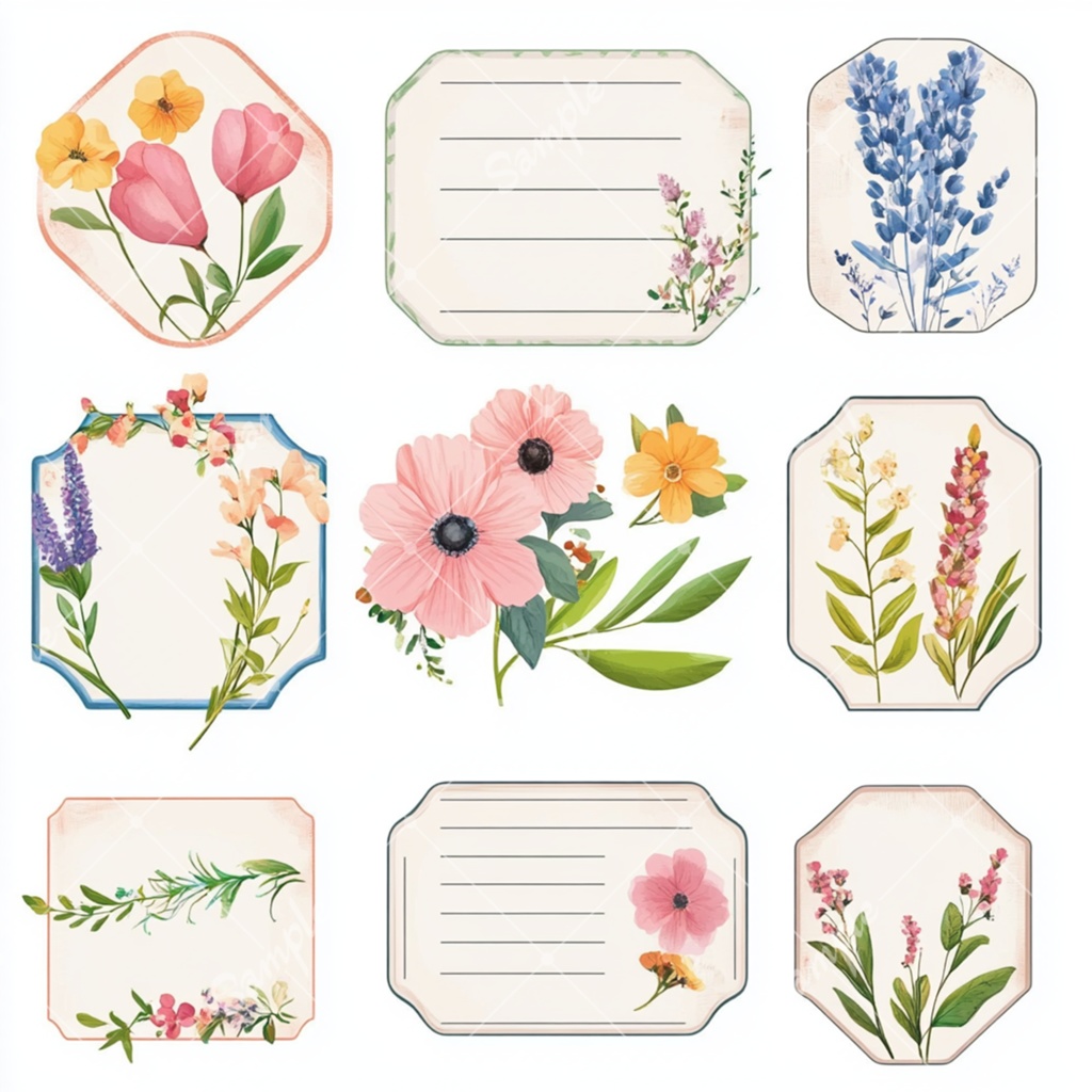 花のラベル風 イラスト素材セット