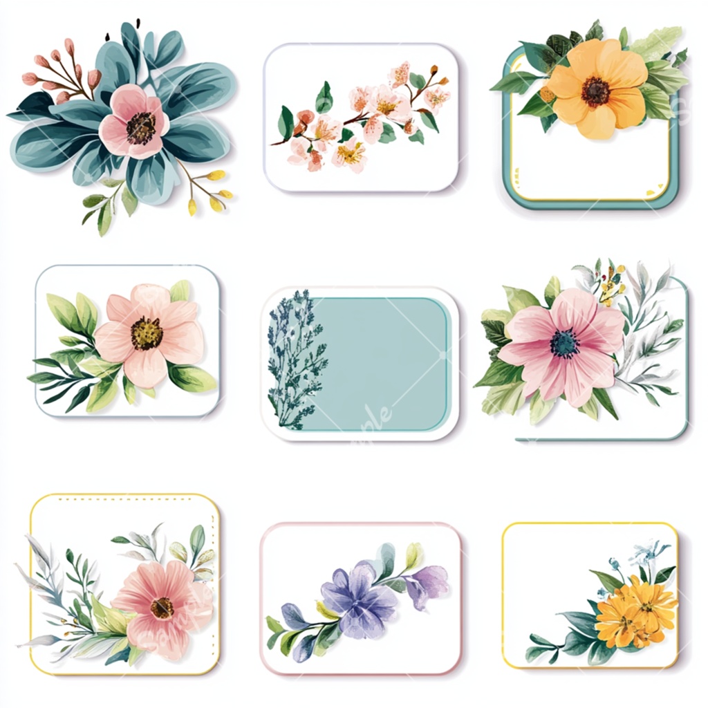 花のラベル風 イラスト素材セット