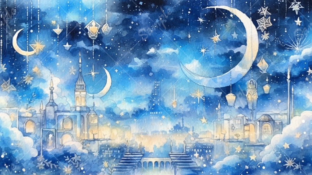 水彩風 おとぎ話みたいな夜空のイラスト背景素材 5枚セット