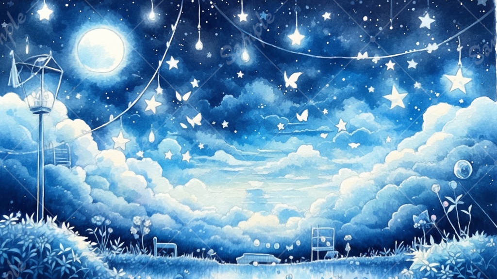 水彩風 おとぎ話みたいな夜空のイラスト背景素材 5枚セット