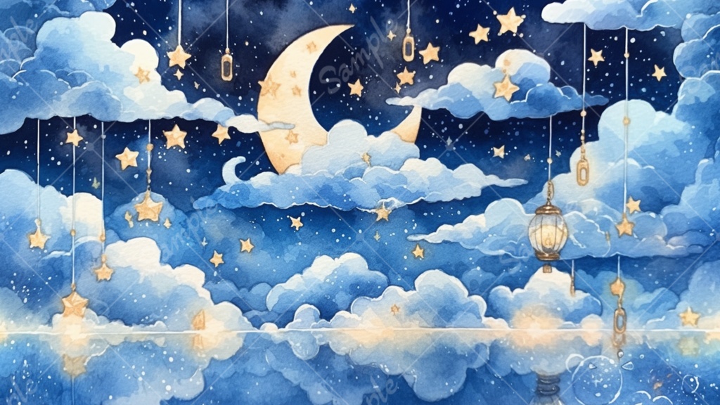 水彩風 おとぎ話みたいな夜空のイラスト背景素材 5枚セット