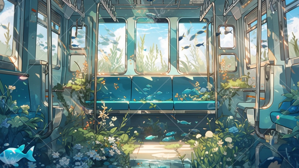 水中に眠る電車のイラスト背景素材 8枚セット