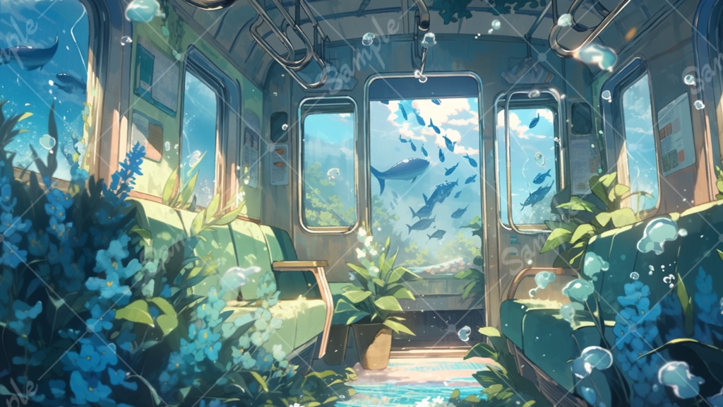 水中に眠る電車のイラスト背景素材 8枚セット