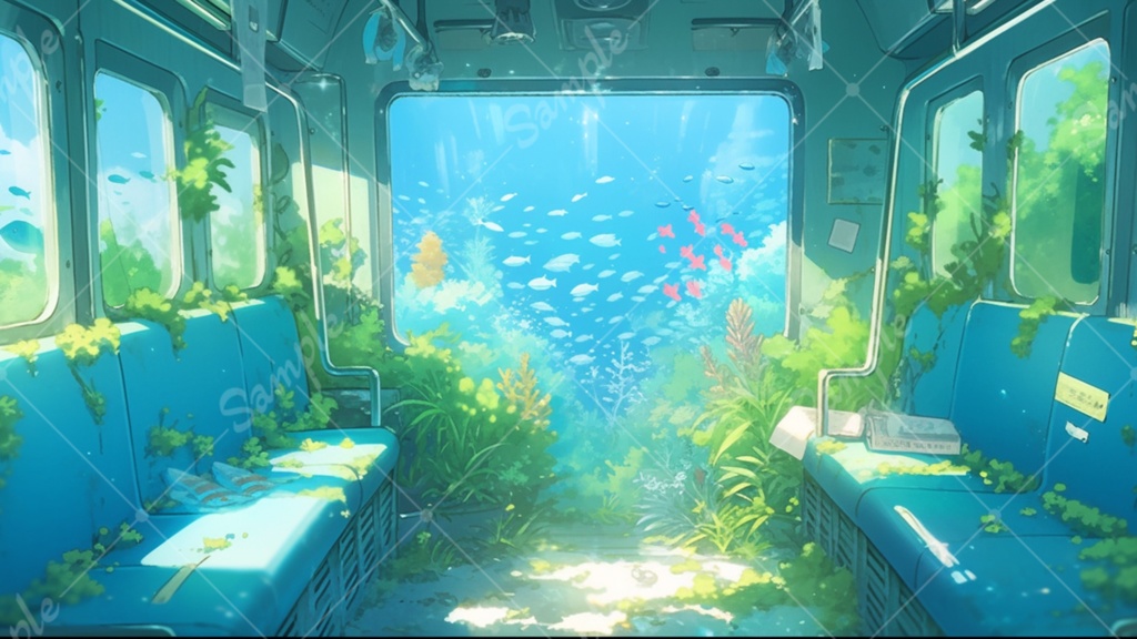 水中に眠る電車のイラスト背景素材 8枚セット