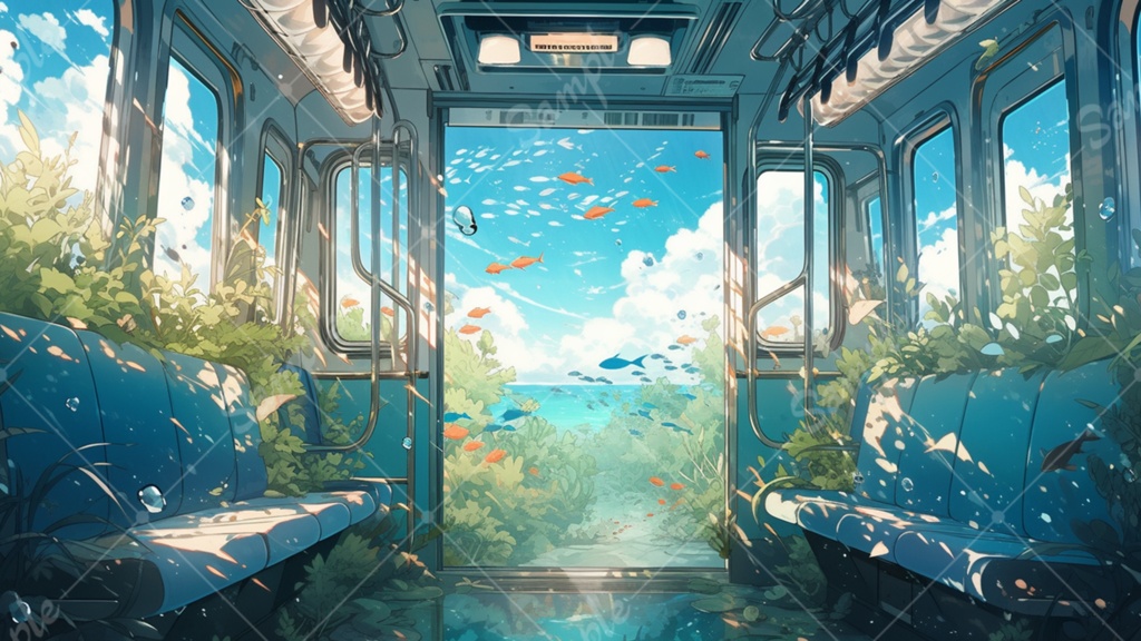 水中に眠る電車のイラスト背景素材 8枚セット