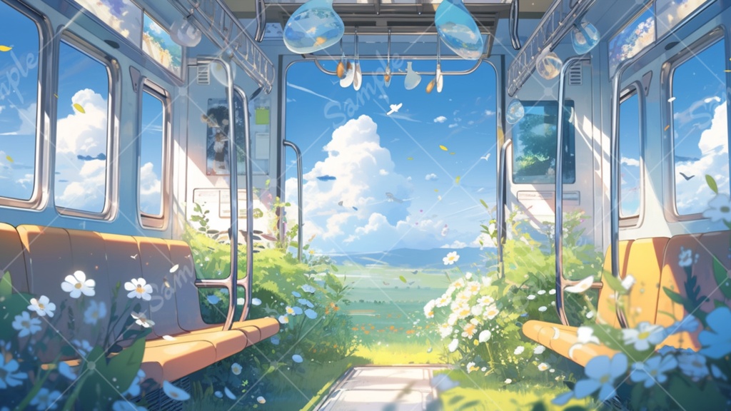 色々な電車の車内 イラスト背景素材 8枚セット