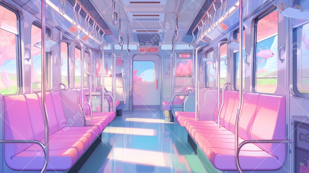 色々な電車の車内 イラスト背景素材 8枚セット