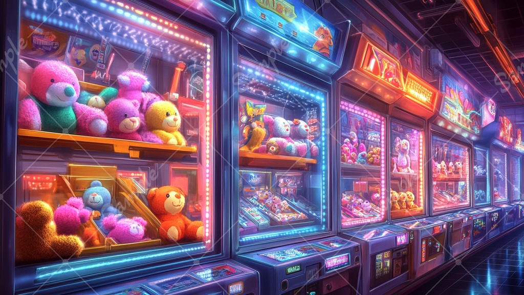 カラフルで少し怪しげなゲームセンターの背景素材 35枚セット