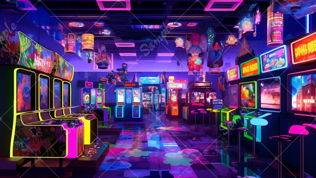 カラフルで少し怪しげなゲームセンターの背景素材 35枚セット