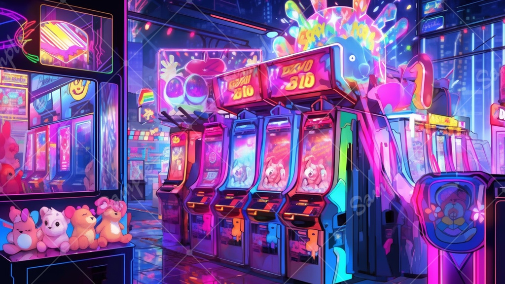 カラフルで少し怪しげなゲームセンターの背景素材 35枚セット