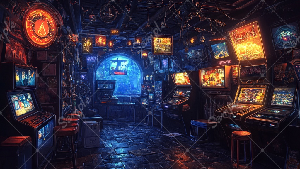 カラフルで少し怪しげなゲームセンターの背景素材 35枚セット