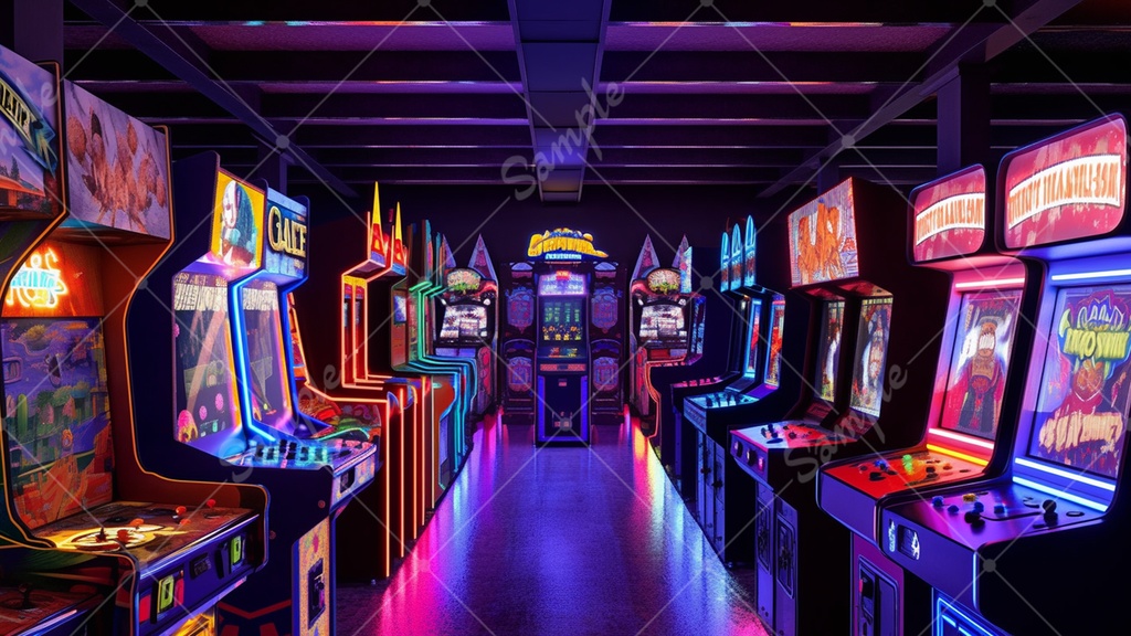 カラフルで少し怪しげなゲームセンターの背景素材 35枚セット