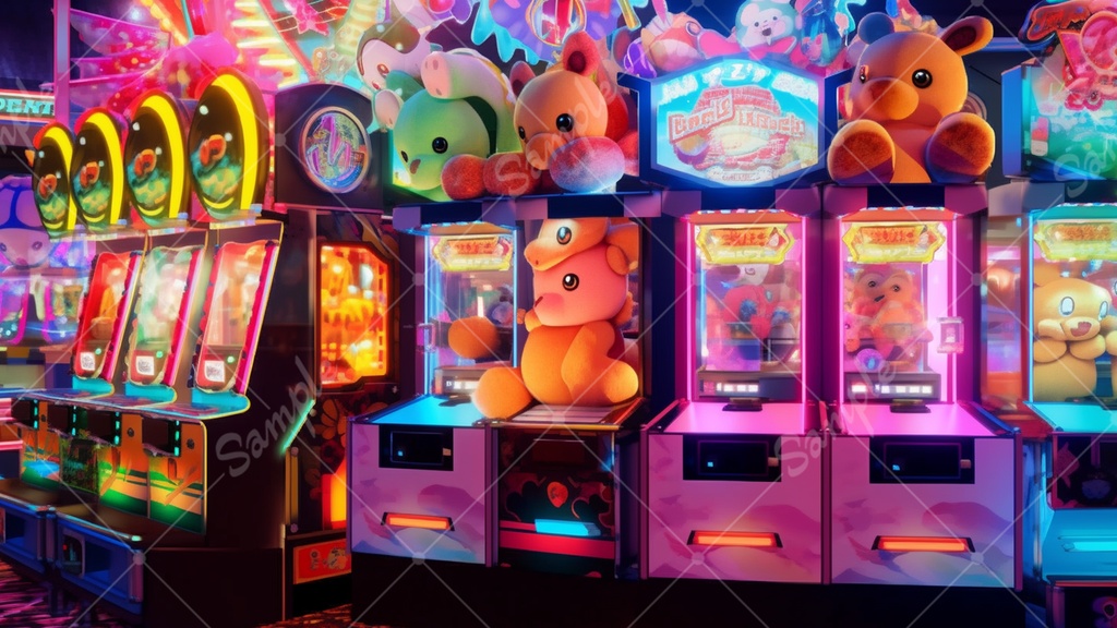 カラフルで少し怪しげなゲームセンターの背景素材 35枚セット