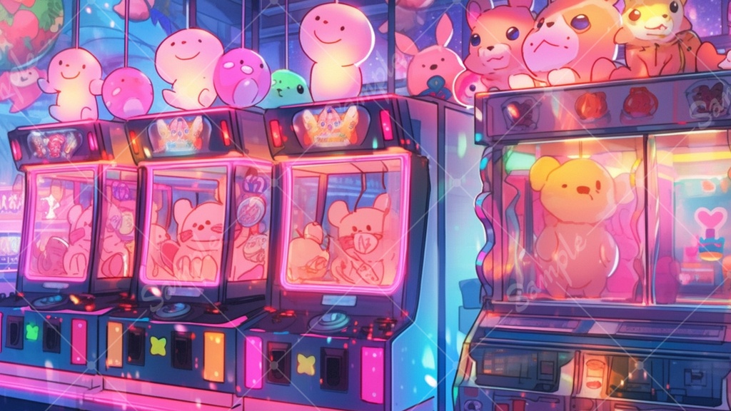 カラフルで少し怪しげなゲームセンターの背景素材 35枚セット