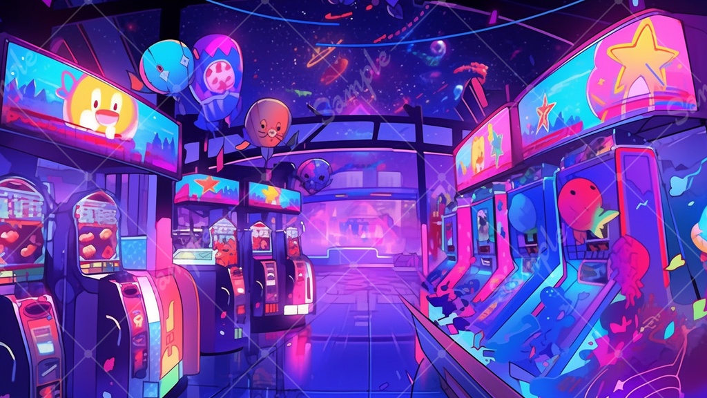 カラフルで少し怪しげなゲームセンターの背景素材 35枚セット
