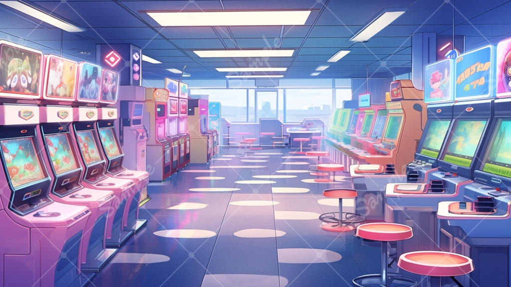 カラフルで少し怪しげなゲームセンターの背景素材 35枚セット