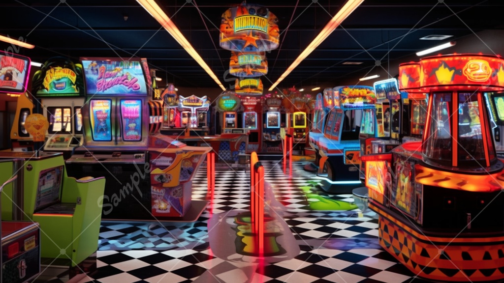 カラフルで少し怪しげなゲームセンターの背景素材 35枚セット