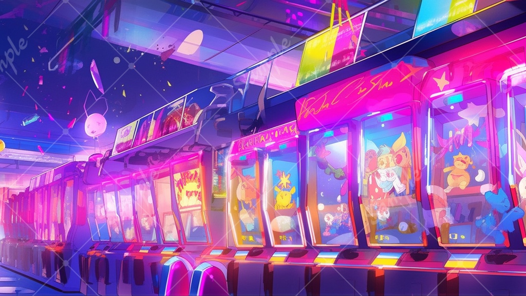 カラフルで少し怪しげなゲームセンターの背景素材 35枚セット