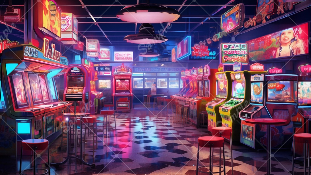 カラフルで少し怪しげなゲームセンターの背景素材 35枚セット