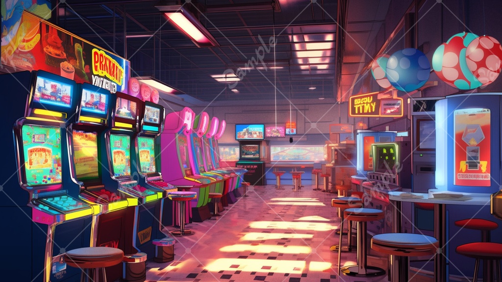 カラフルで少し怪しげなゲームセンターの背景素材 35枚セット