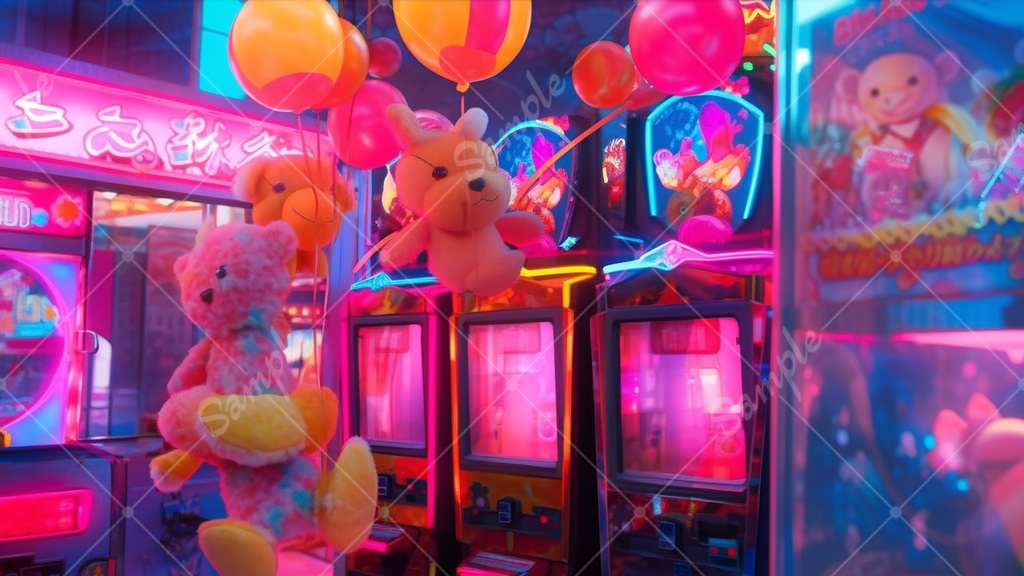 カラフルで少し怪しげなゲームセンターの背景素材 35枚セット