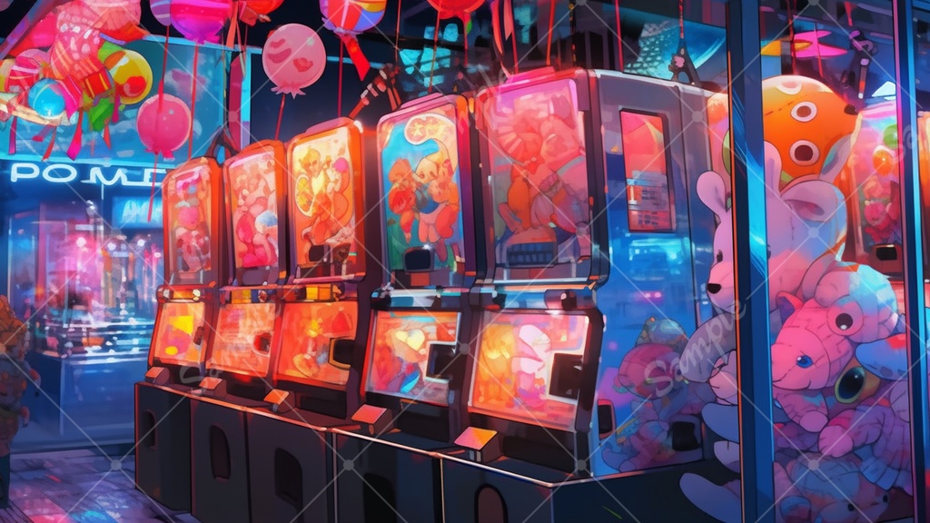 カラフルで少し怪しげなゲームセンターの背景素材 35枚セット