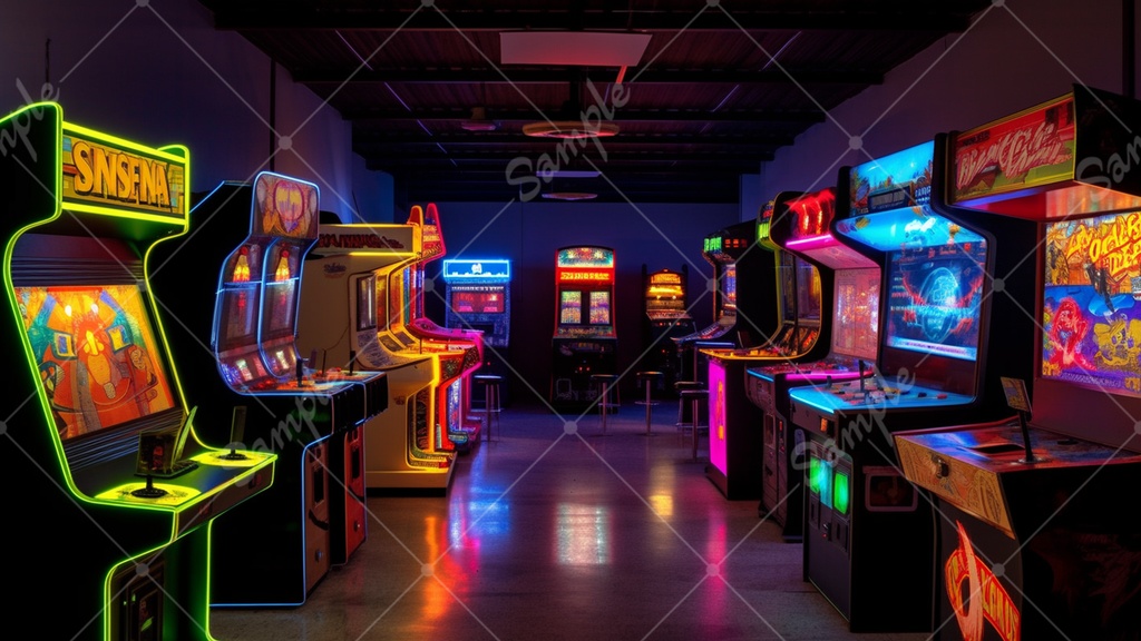 カラフルで少し怪しげなゲームセンターの背景素材 35枚セット