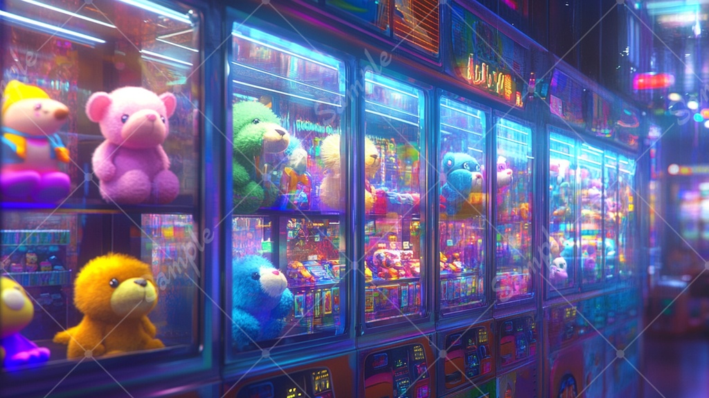 カラフルで少し怪しげなゲームセンターの背景素材 35枚セット