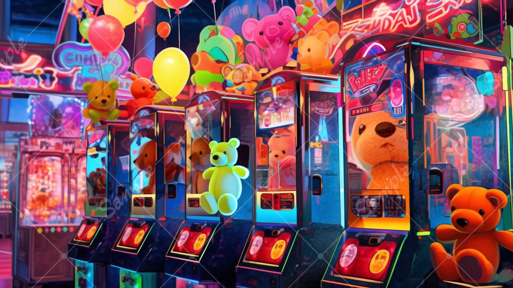 カラフルで少し怪しげなゲームセンターの背景素材 35枚セット