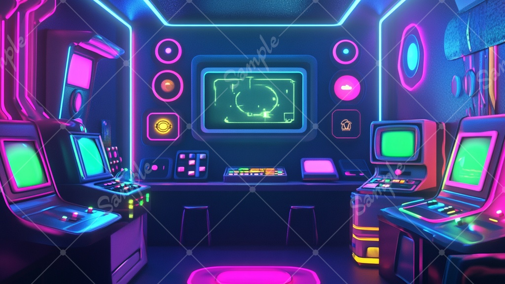 カラフルで少し怪しげなゲームセンターの背景素材 35枚セット