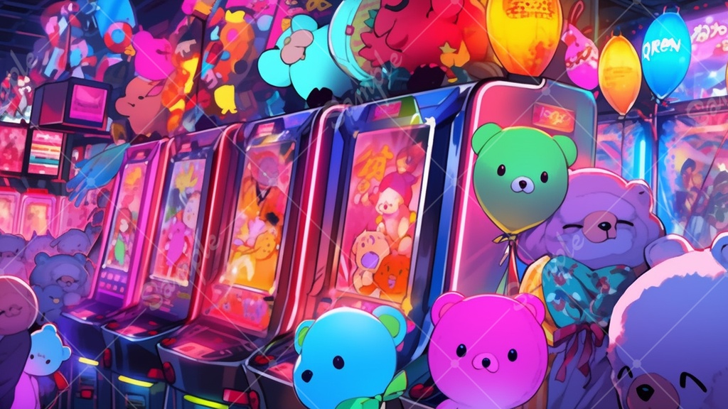 カラフルで少し怪しげなゲームセンターの背景素材 35枚セット