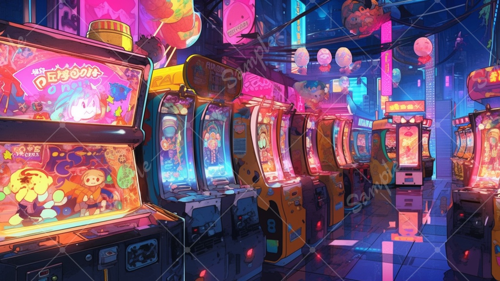 カラフルで少し怪しげなゲームセンターの背景素材 35枚セット