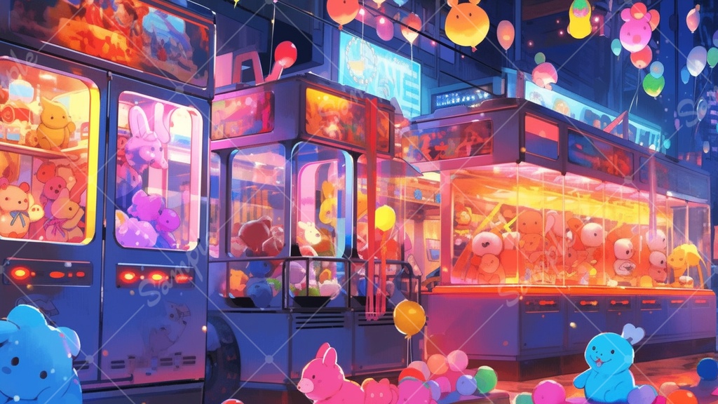 カラフルで少し怪しげなゲームセンターの背景素材 35枚セット