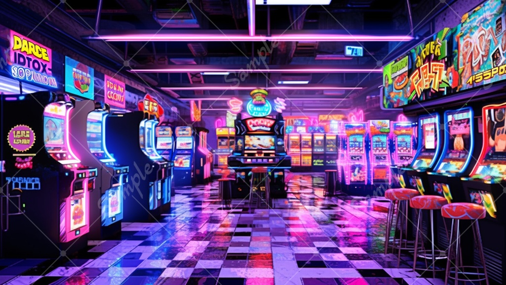 カラフルで少し怪しげなゲームセンターの背景素材 35枚セット