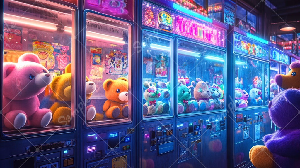 カラフルで少し怪しげなゲームセンターの背景素材 35枚セット