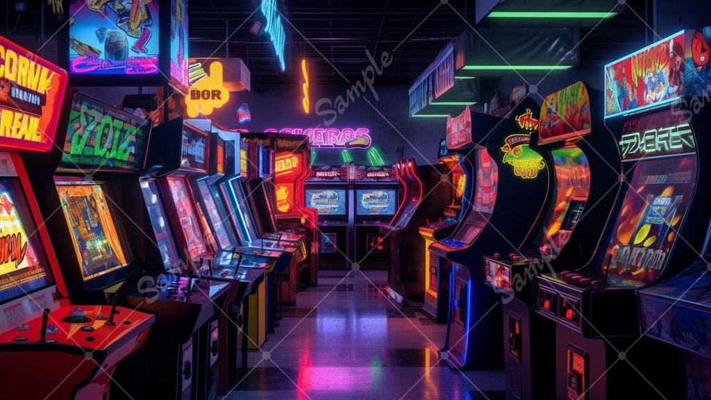 カラフルで少し怪しげなゲームセンターの背景素材 35枚セット