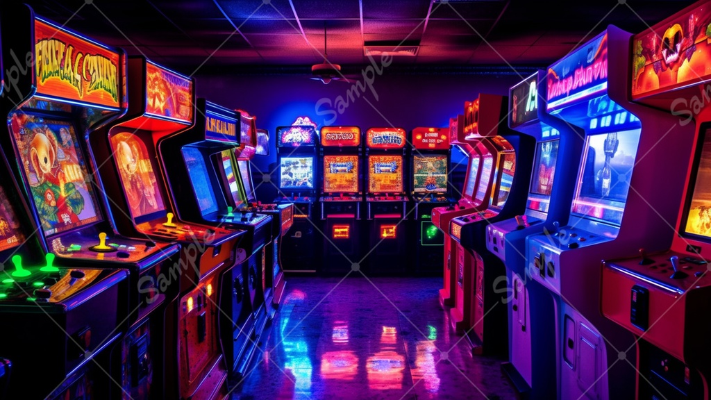 カラフルで少し怪しげなゲームセンターの背景素材 35枚セット