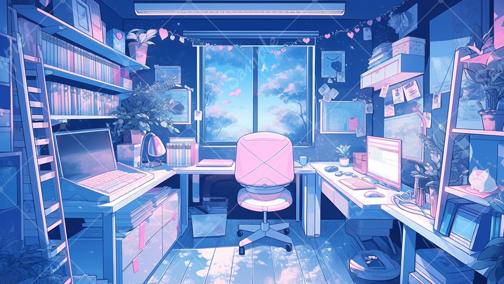 【配信用背景】 水色のゲーム部屋 5枚セット V素材1