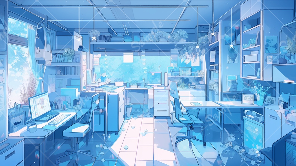 【配信用背景】 水色のゲーム部屋 5枚セット V素材1