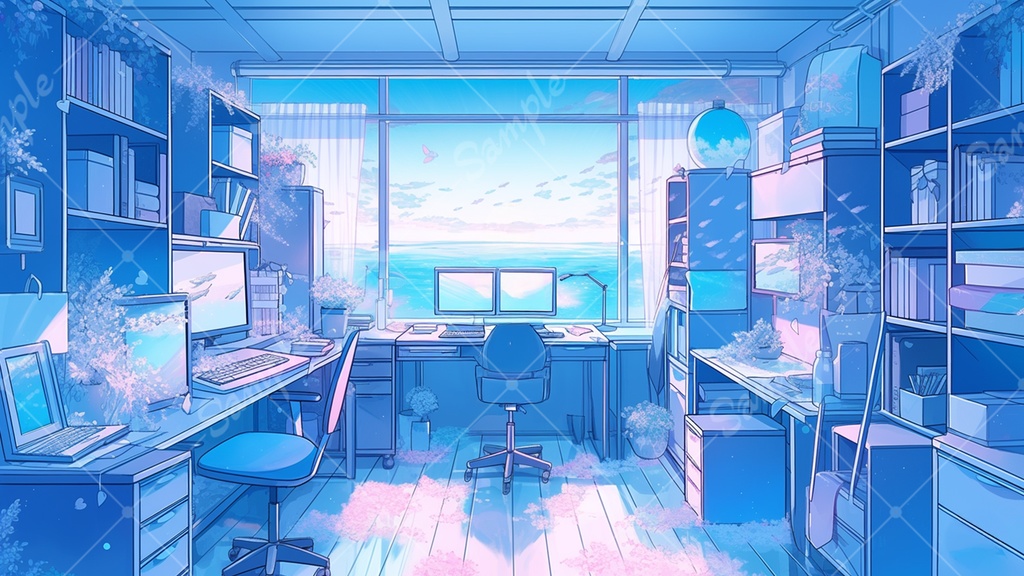 【配信用背景】 水色のゲーム部屋 5枚セット V素材1