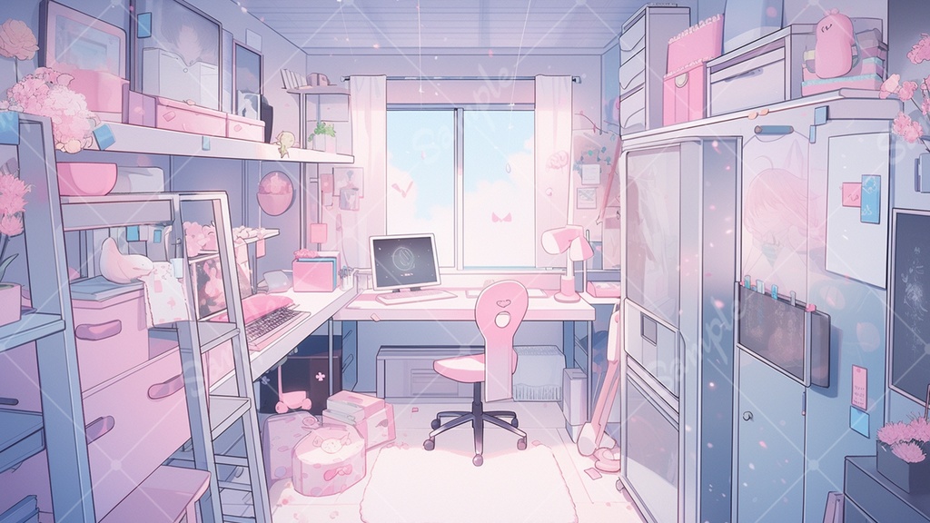 【配信用背景】ピンク色のゲーム部屋 5枚セット V素材2