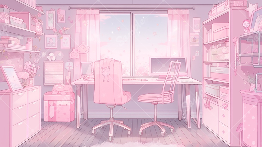 【配信用背景】ピンク色のゲーム部屋 5枚セット V素材2