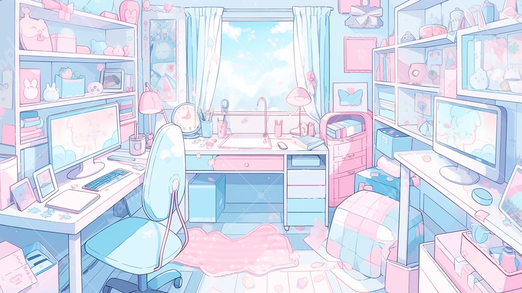 【配信用背景】 ピンク×水色のゲーム部屋 5枚セット V素材3