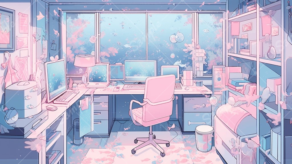 【配信用背景】 ピンク×水色のゲーム部屋 5枚セット V素材3