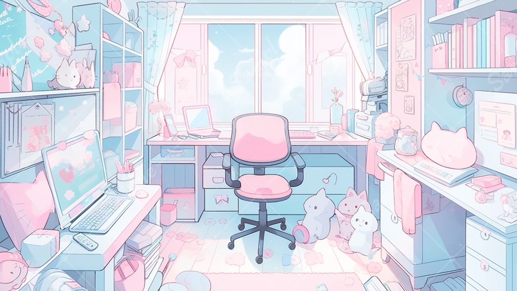 【配信用背景】 ピンク×水色のゲーム部屋 5枚セット V素材3