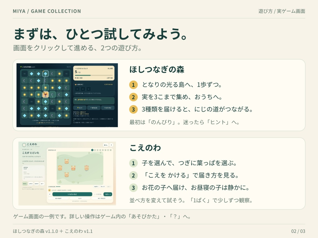 MIYA ゲーム2本セット|ほしつなぎの森・こえのわ【PC用HTML】