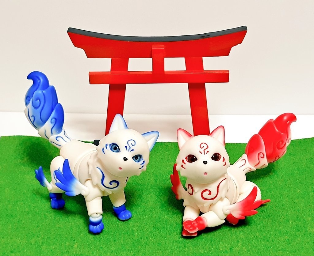 【販売終了】ペットドール『朱碧之稲荷神』朱仙狐、碧仙狐