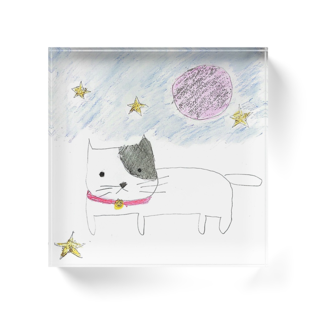 ハチワレ猫とピンクムーン 風水 アクリルブロック